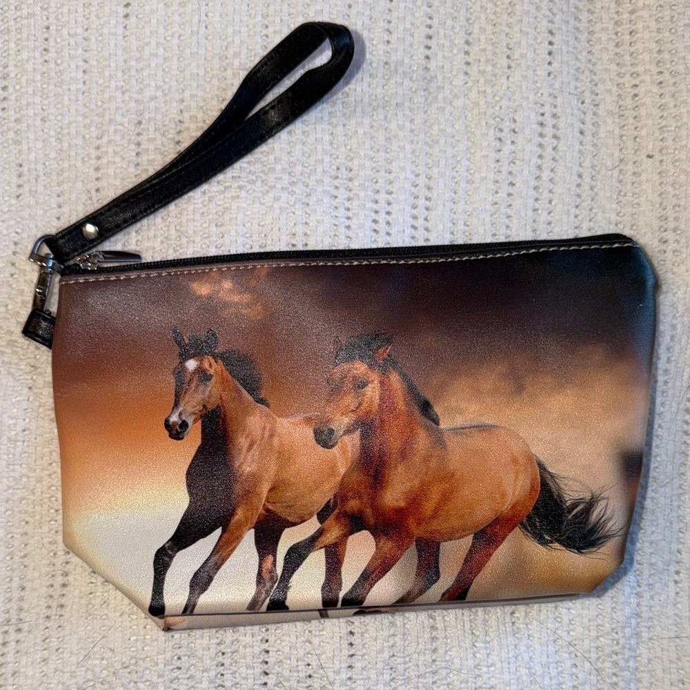 Polero Running Horse Graphic Print Wristlet Clutch Bag Equestrian Makeup Pouch